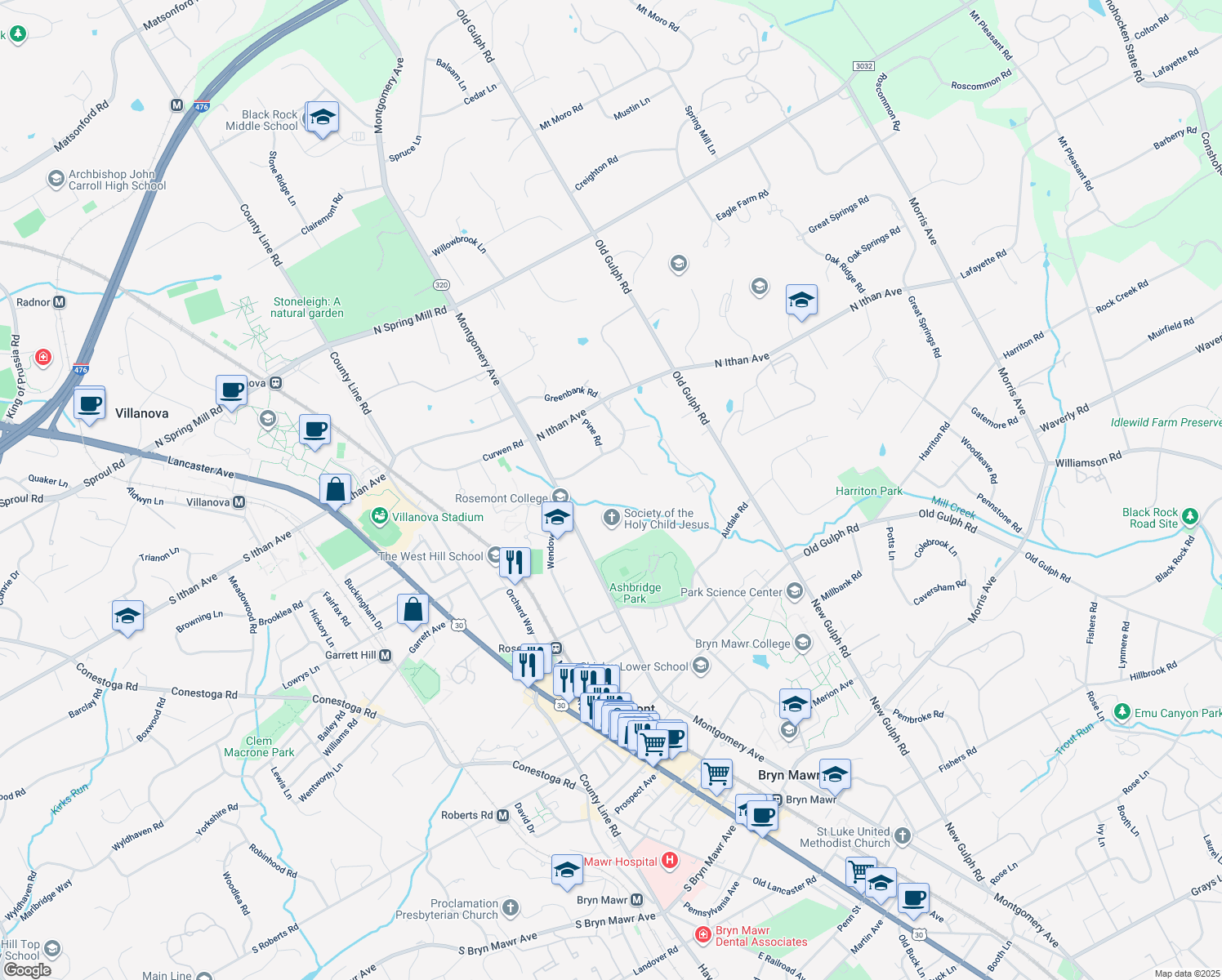 map of restaurants, bars, coffee shops, grocery stores, and more near 1401 Montgomery Avenue in Bryn Mawr