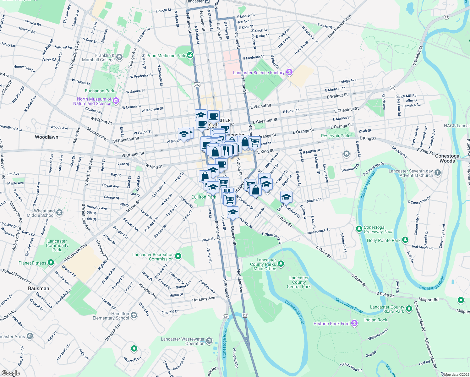 map of restaurants, bars, coffee shops, grocery stores, and more near 26 East Farnum Street in Lancaster