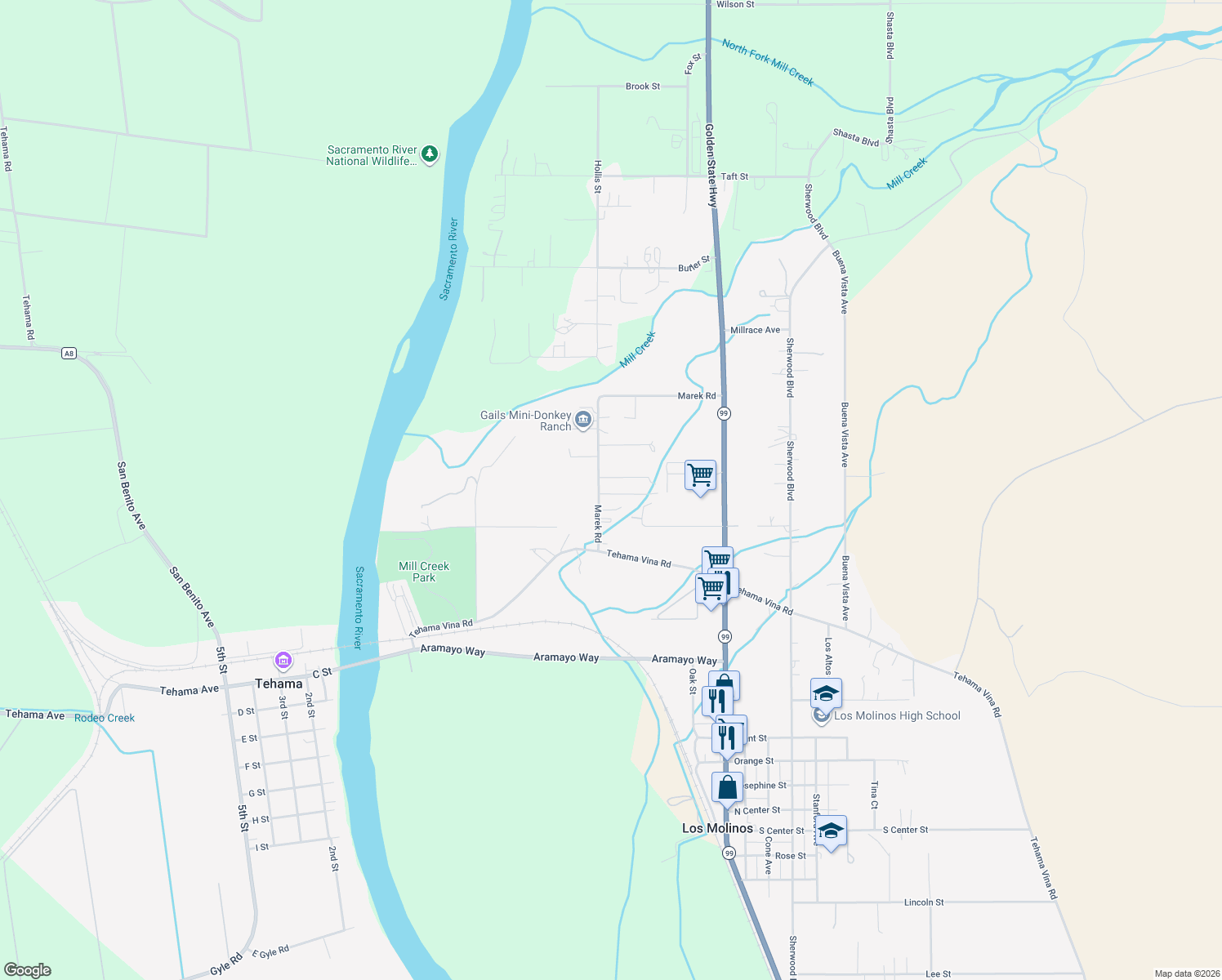 map of restaurants, bars, coffee shops, grocery stores, and more near 8230 Marek Road in Los Molinos