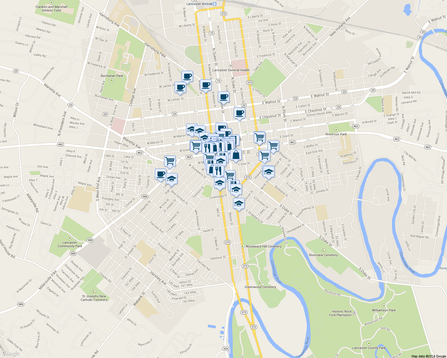 map of restaurants, bars, coffee shops, grocery stores, and more near 35 West Farnum Street in Lancaster
