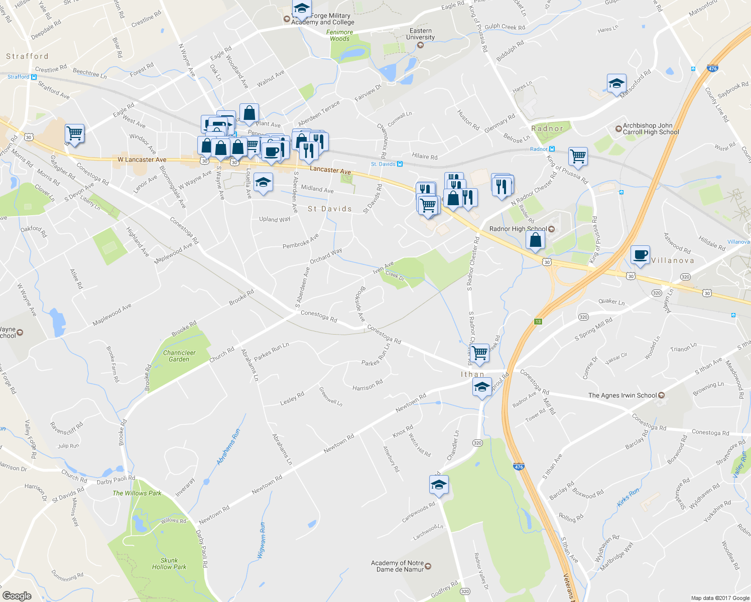 map of restaurants, bars, coffee shops, grocery stores, and more near 336 Oak Terrace in Wayne