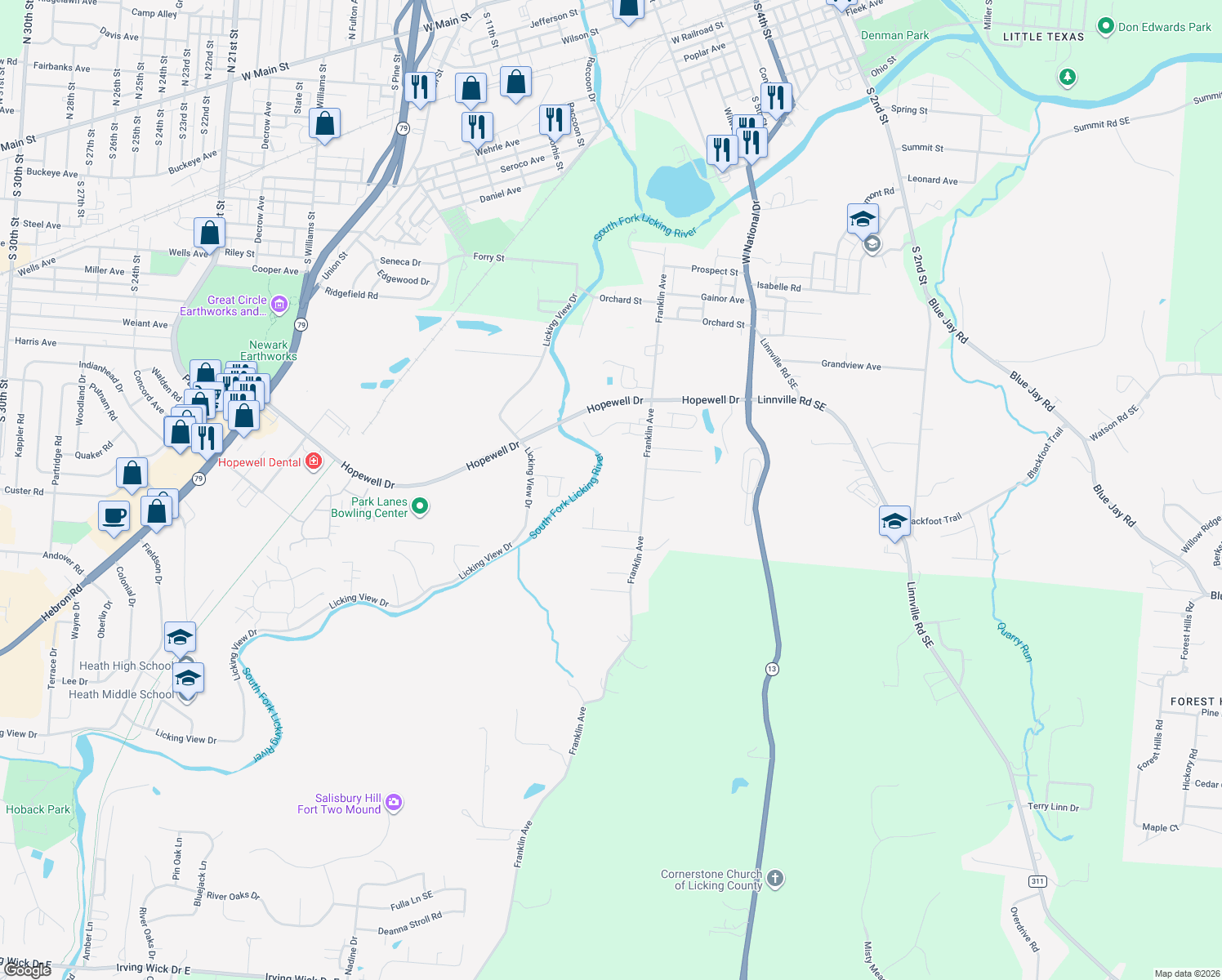 map of restaurants, bars, coffee shops, grocery stores, and more near 635 Franklin Ave in Heath