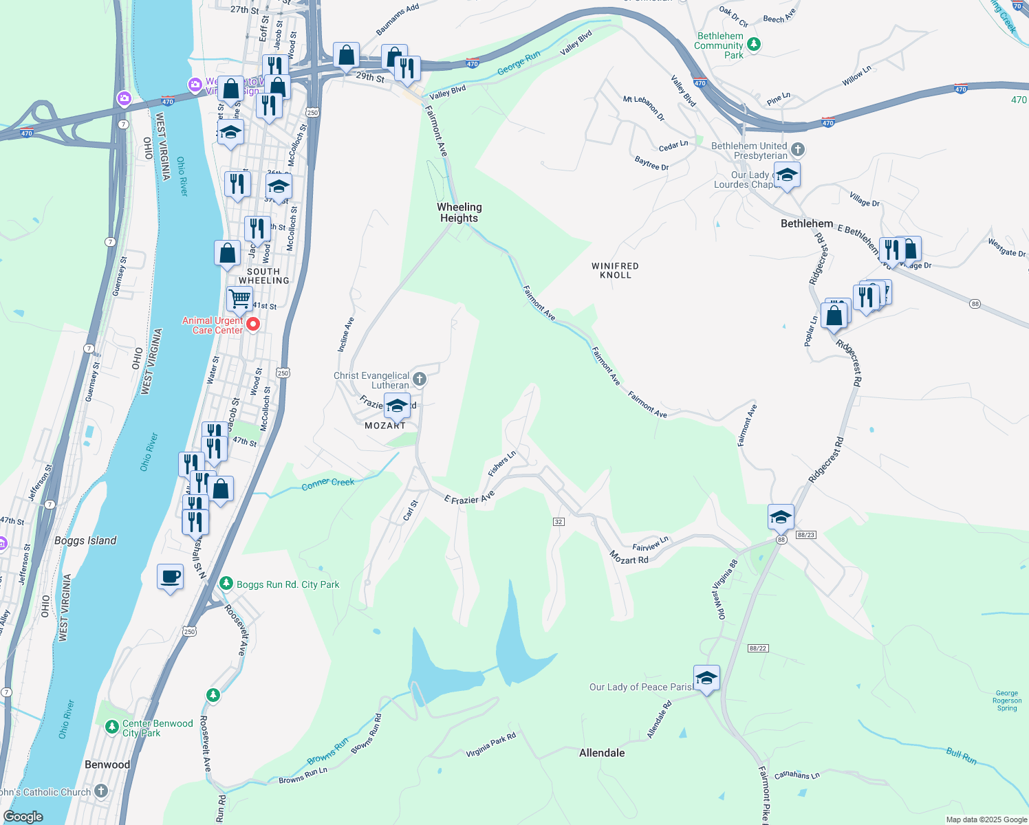 map of restaurants, bars, coffee shops, grocery stores, and more near 50 Hercules Lane in Wheeling
