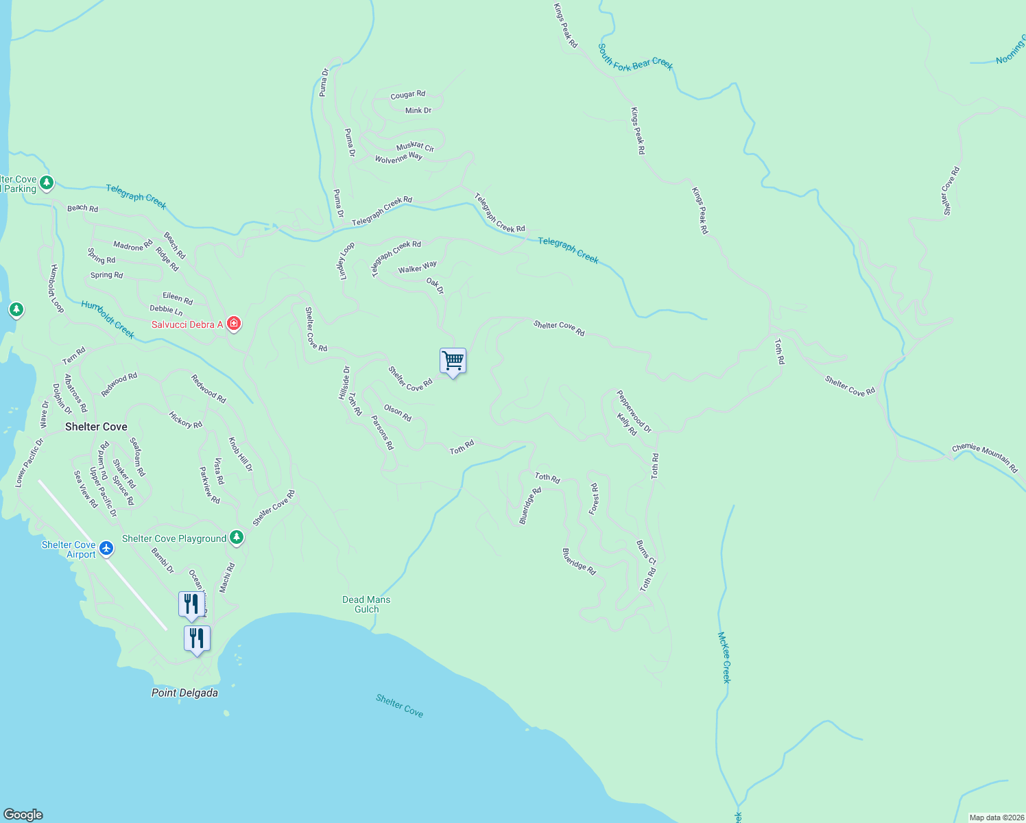 map of restaurants, bars, coffee shops, grocery stores, and more near 88 Cook Road in Whitethorn