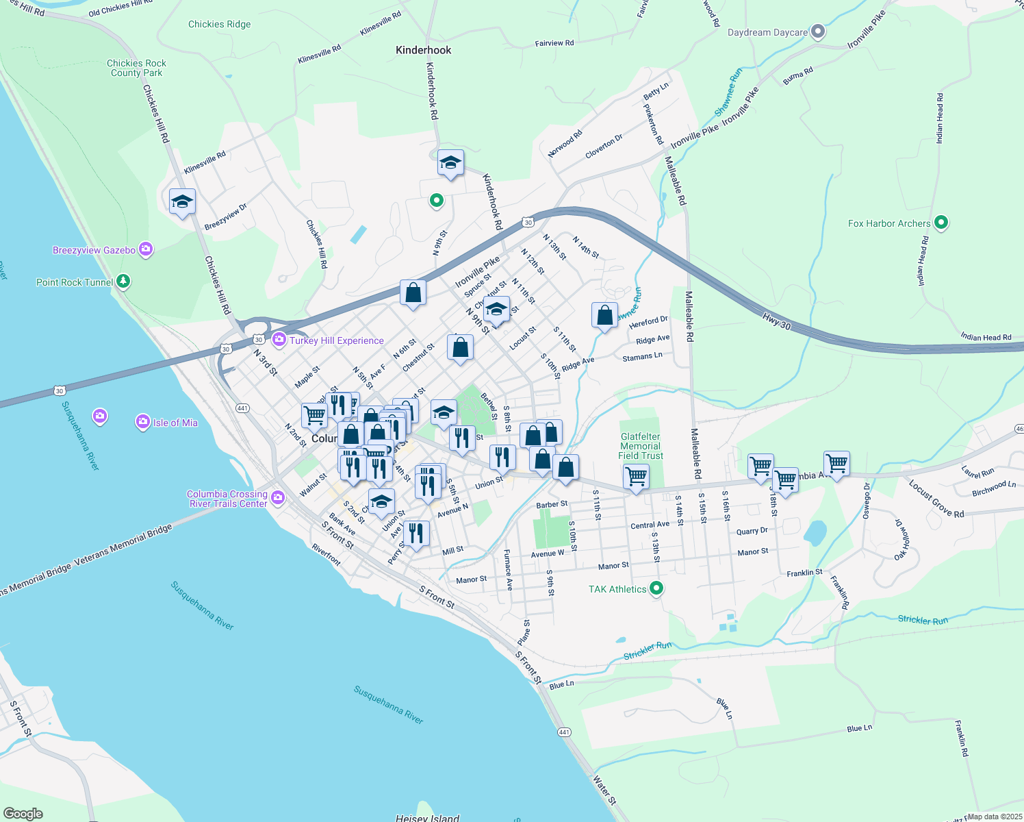 map of restaurants, bars, coffee shops, grocery stores, and more near 137 South 8th Street in Columbia