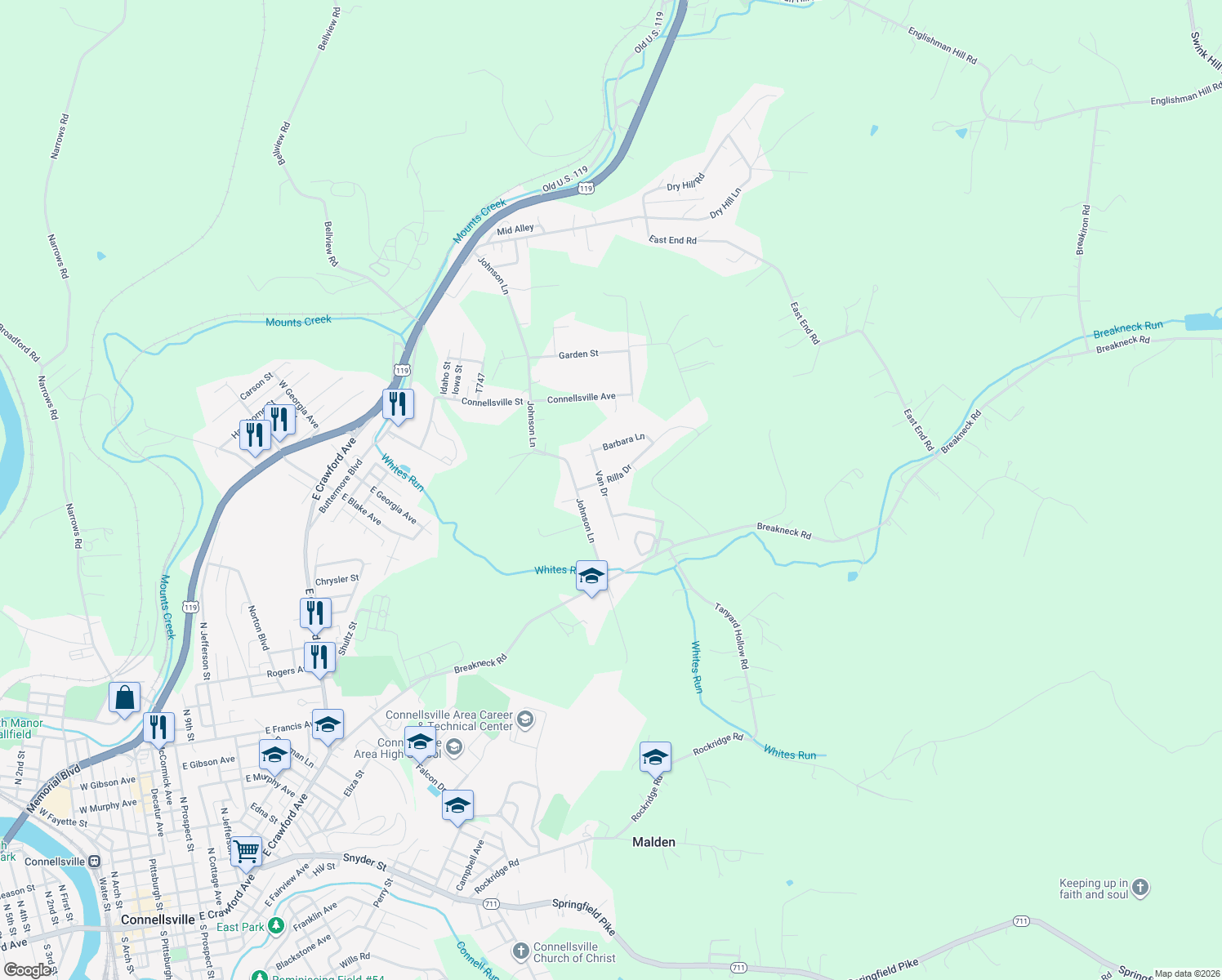 map of restaurants, bars, coffee shops, grocery stores, and more near 174 Van Dr in Connellsville