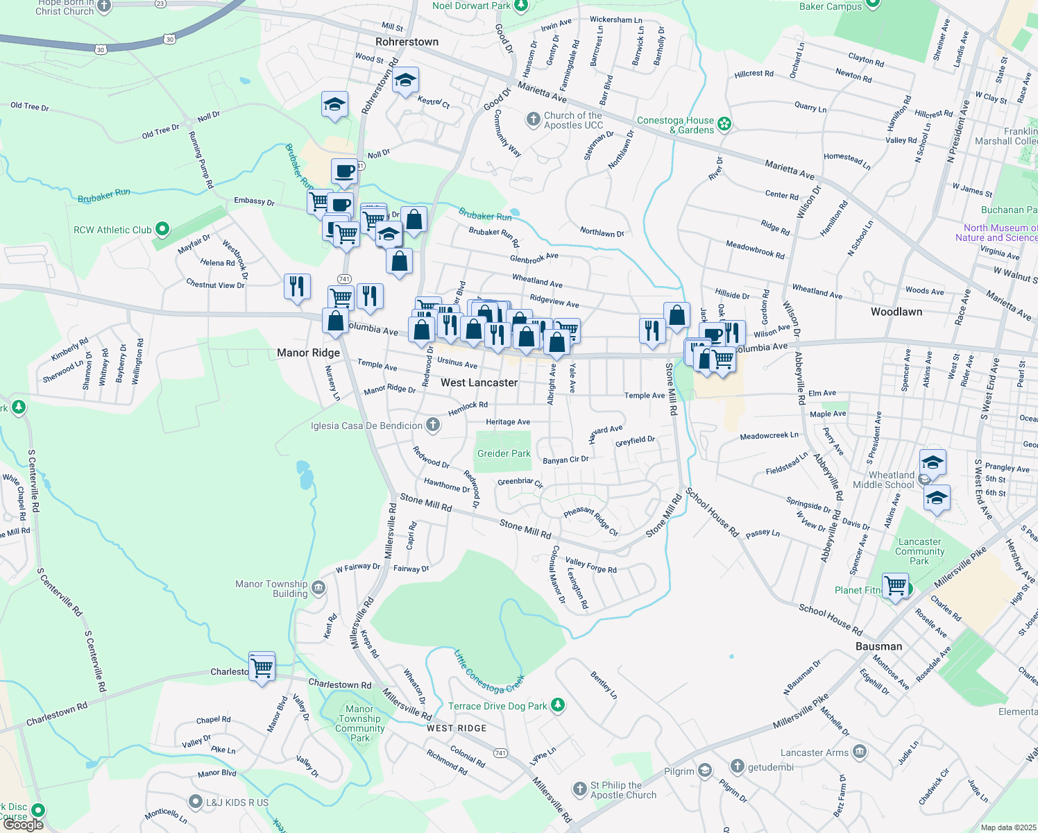 map of restaurants, bars, coffee shops, grocery stores, and more near 1767 Heritage Ave in Lancaster