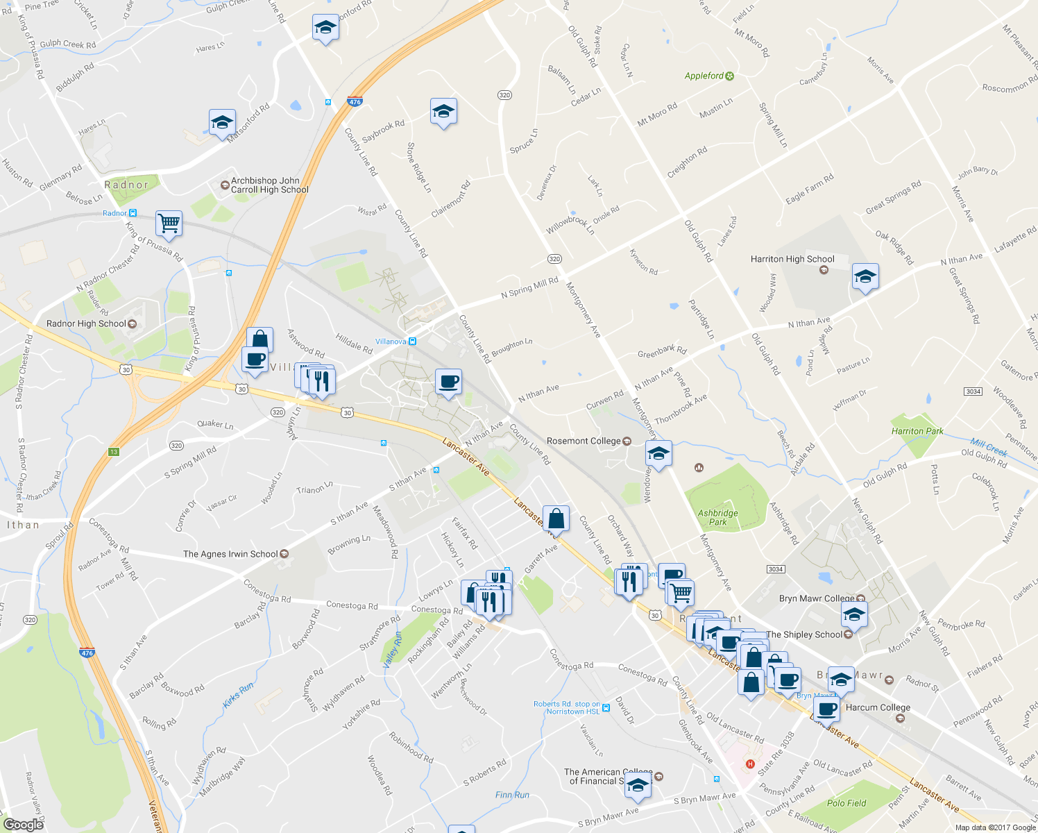 map of restaurants, bars, coffee shops, grocery stores, and more near 205 County Line Road in Wayne
