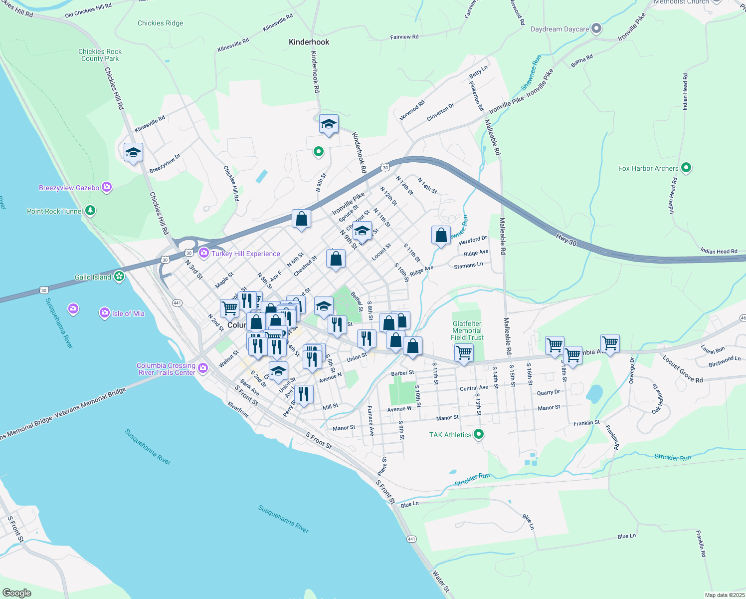 map of restaurants, bars, coffee shops, grocery stores, and more near 117 S 8th St in Columbia