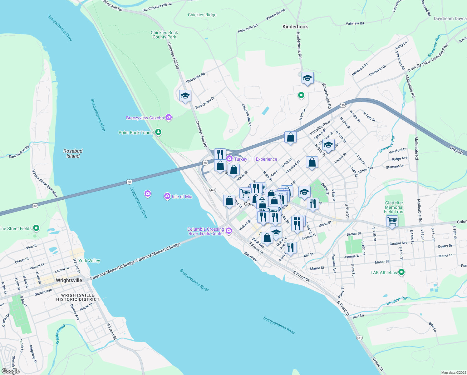 map of restaurants, bars, coffee shops, grocery stores, and more near 230 Maple Street in Columbia