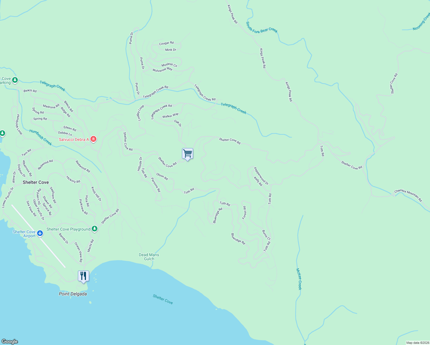 map of restaurants, bars, coffee shops, grocery stores, and more near 88 Cook Rd in Whitethorn