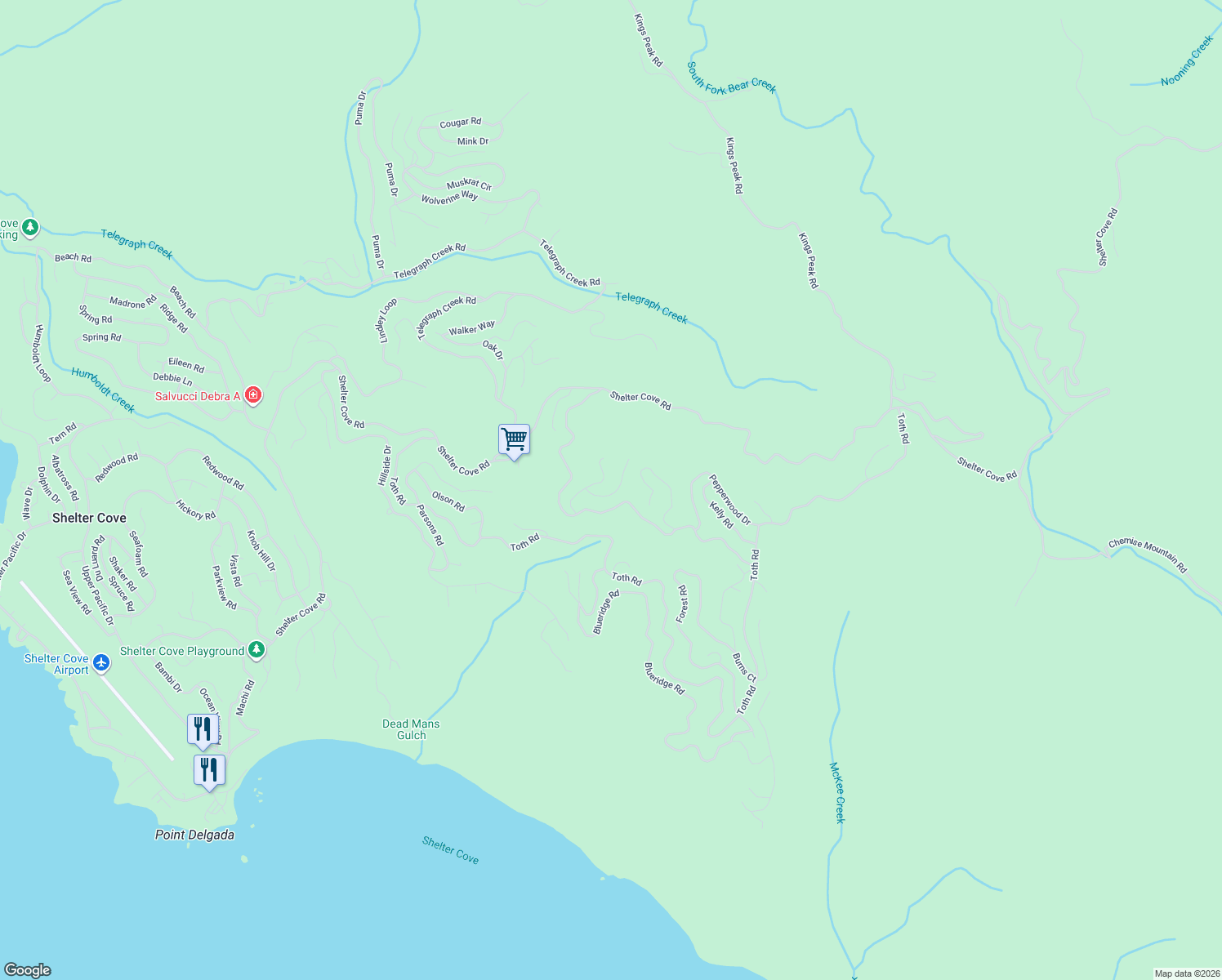 map of restaurants, bars, coffee shops, grocery stores, and more near 168 Cook Rd in Whitethorn
