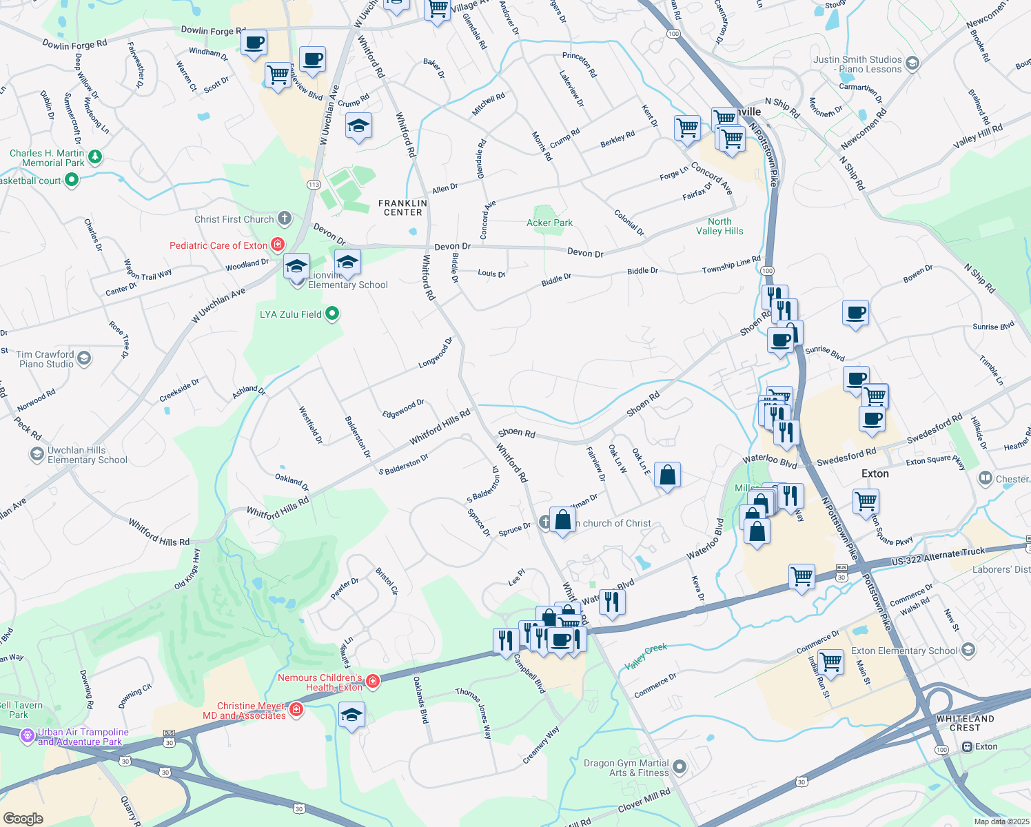 map of restaurants, bars, coffee shops, grocery stores, and more near 318 Long Ridge Lane in Exton