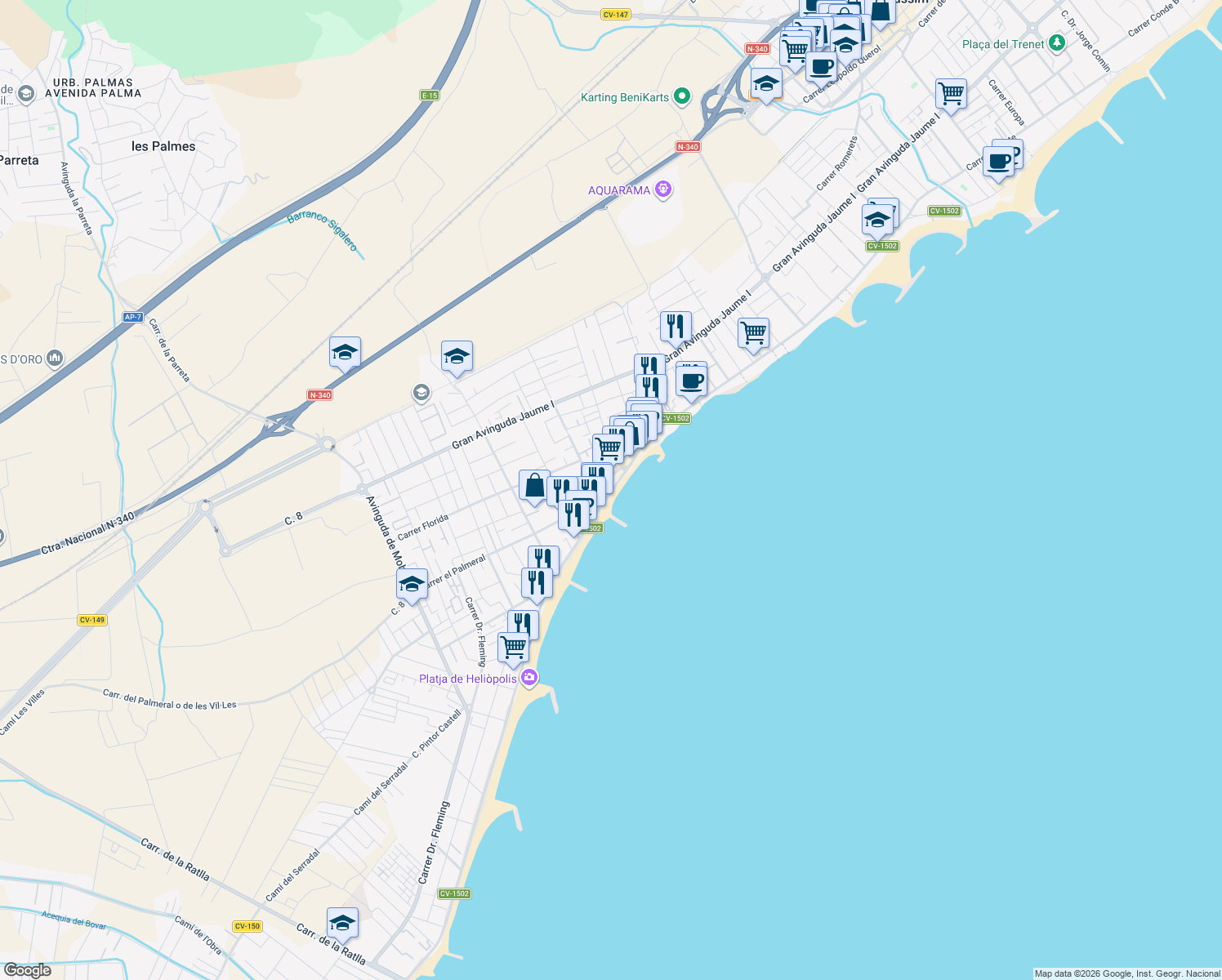 map of restaurants, bars, coffee shops, grocery stores, and more near 150 Avenida Ferrandis Salvador in Benicasim
