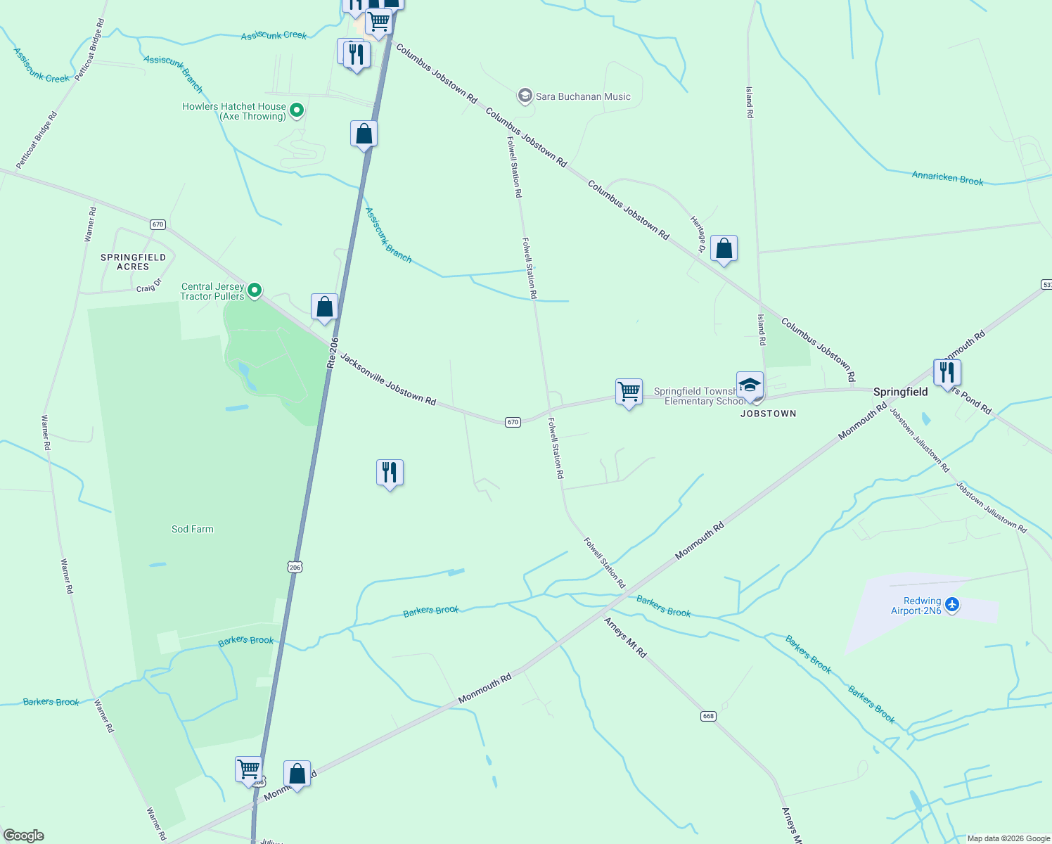 map of restaurants, bars, coffee shops, grocery stores, and more near 2070 Jacksonville Jobstown Rd in Springfield