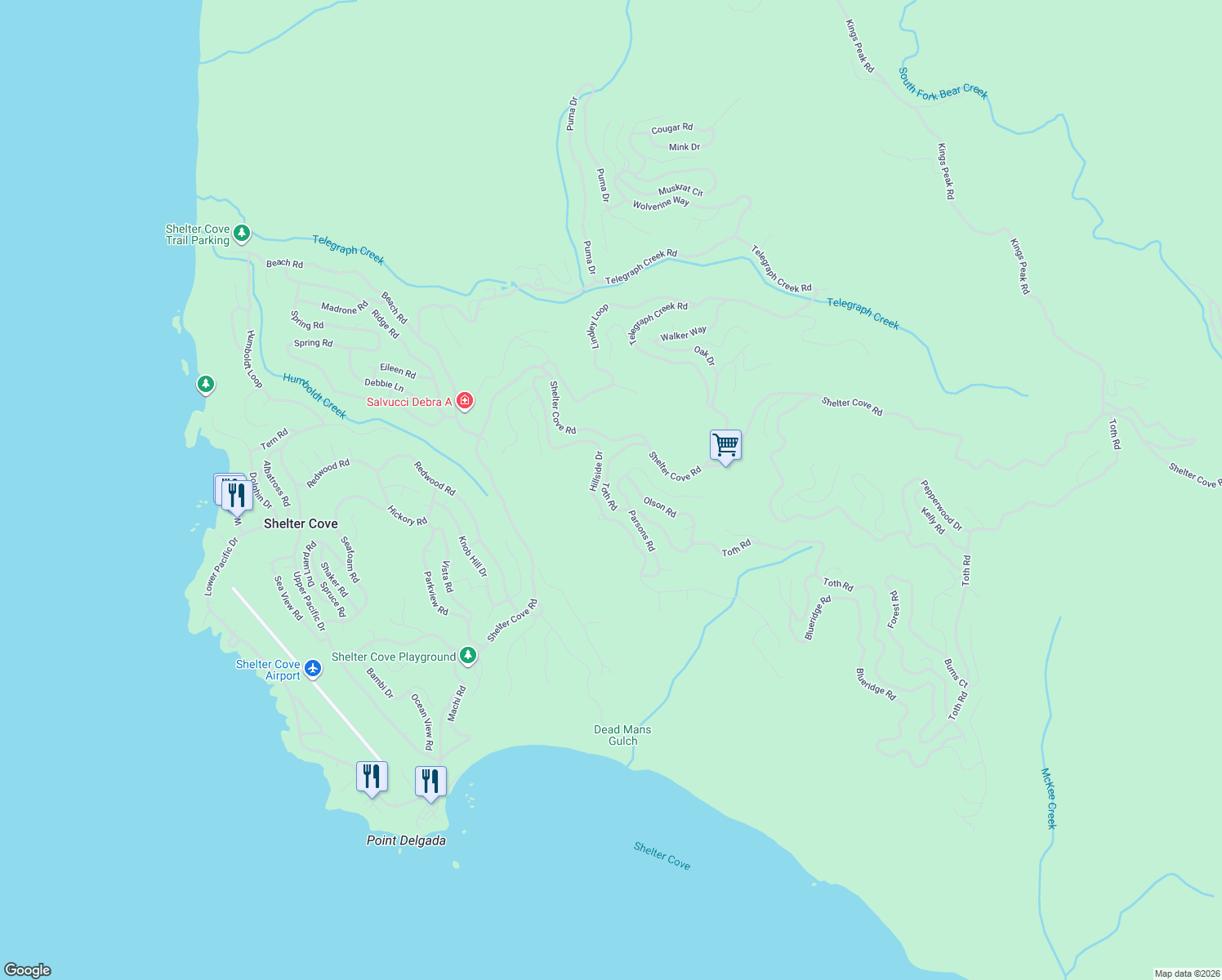 map of restaurants, bars, coffee shops, grocery stores, and more near 401-793 Hillside Drive in Whitethorn