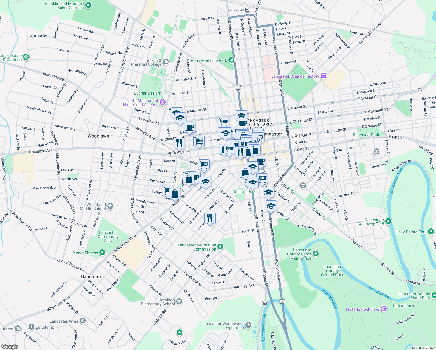 map of restaurants, bars, coffee shops, grocery stores, and more near 435 High Street in Lancaster