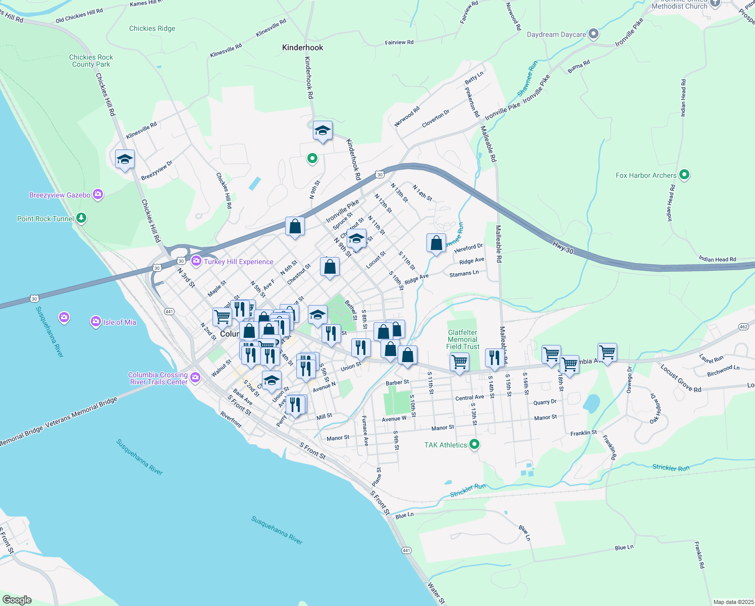 map of restaurants, bars, coffee shops, grocery stores, and more near 122 South 9th Street in Columbia