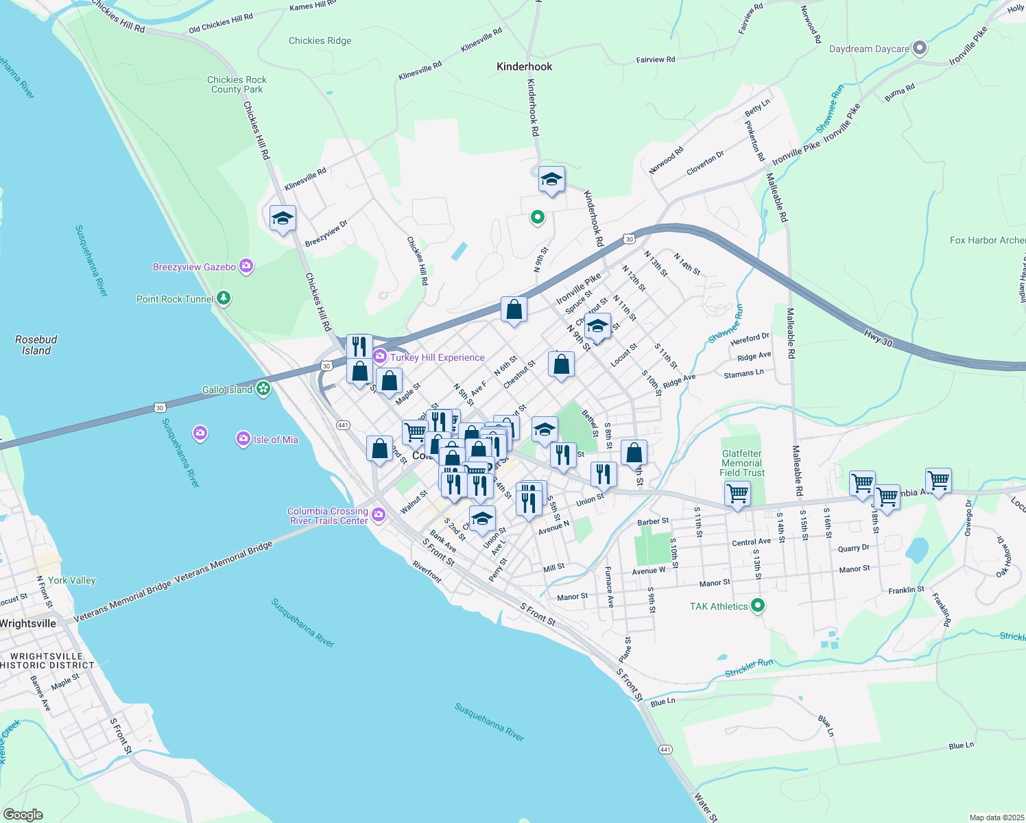 map of restaurants, bars, coffee shops, grocery stores, and more near 559 Walnut Street in Columbia