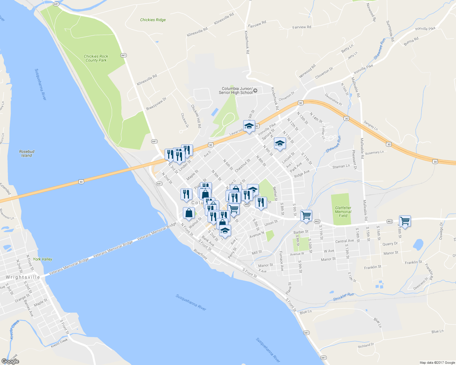 map of restaurants, bars, coffee shops, grocery stores, and more near 514 Chestnut St in Columbia