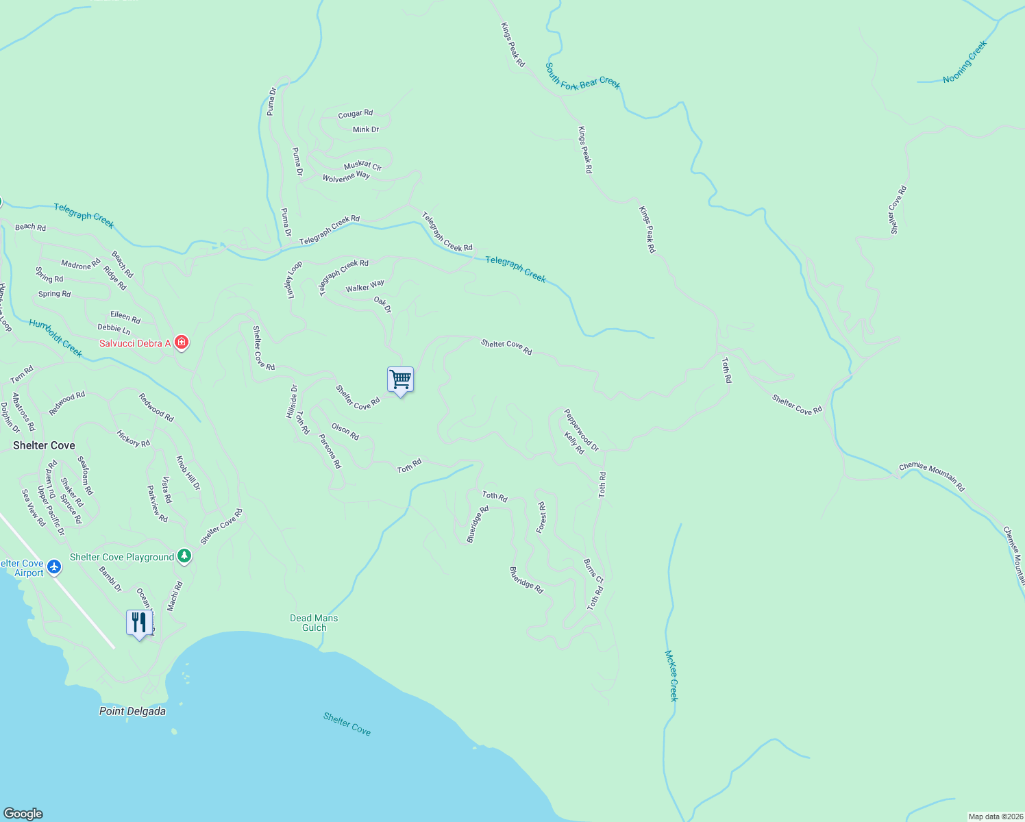 map of restaurants, bars, coffee shops, grocery stores, and more near 430 Cook Road in Whitethorn