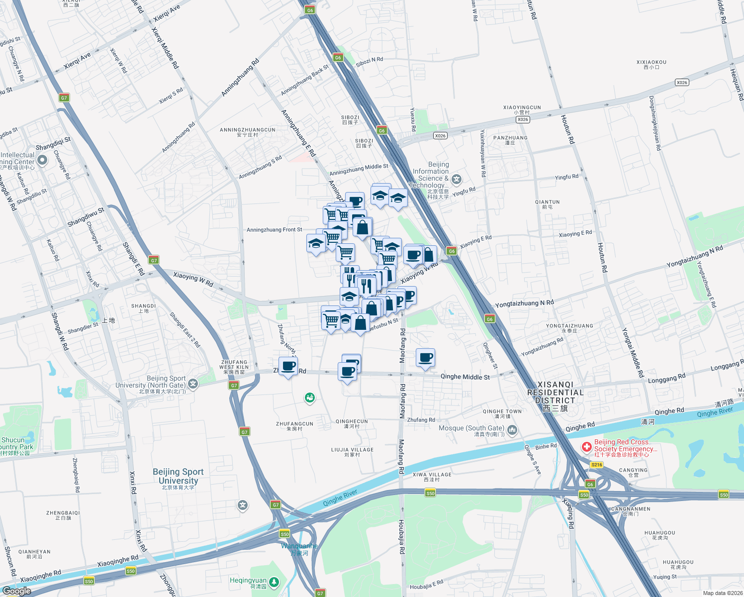 map of restaurants, bars, coffee shops, grocery stores, and more near 21号-27号 Xiaoying West Road in Beijing
