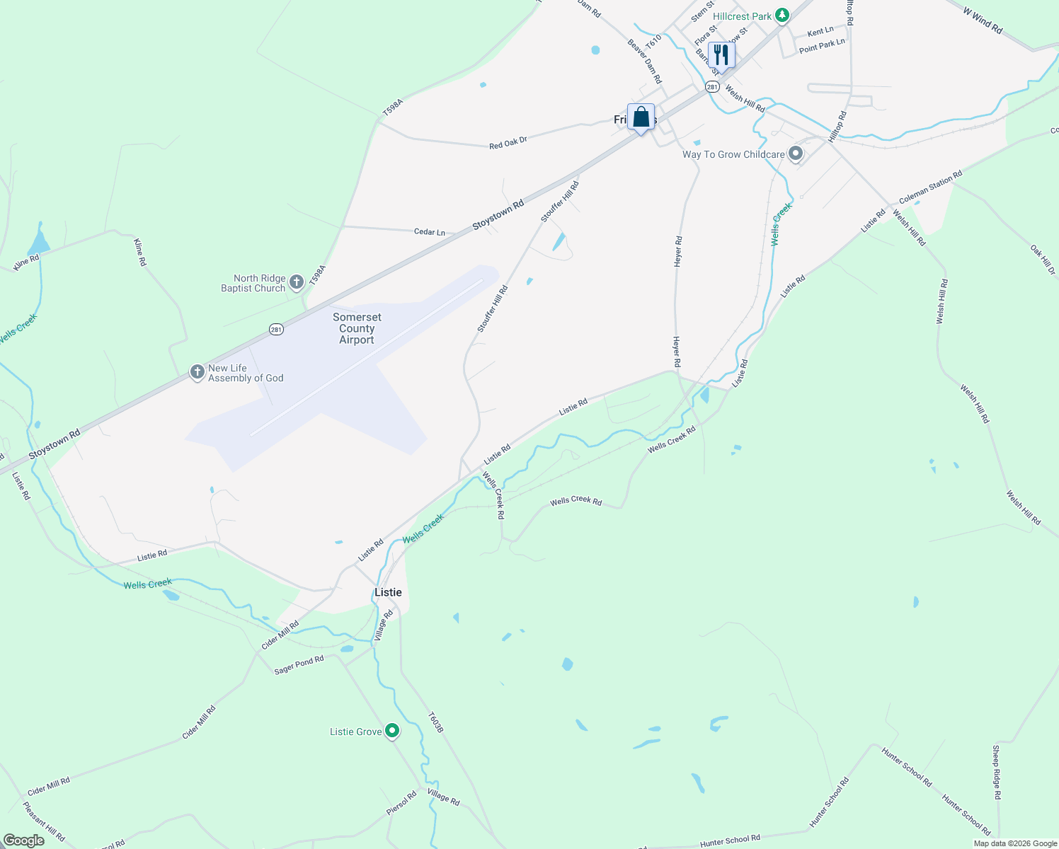 map of restaurants, bars, coffee shops, grocery stores, and more near 928 Listie Road in Friedens