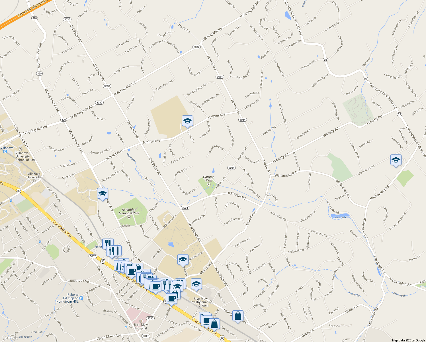 map of restaurants, bars, coffee shops, grocery stores, and more near 600 Great Springs Rd in Bryn Mawr