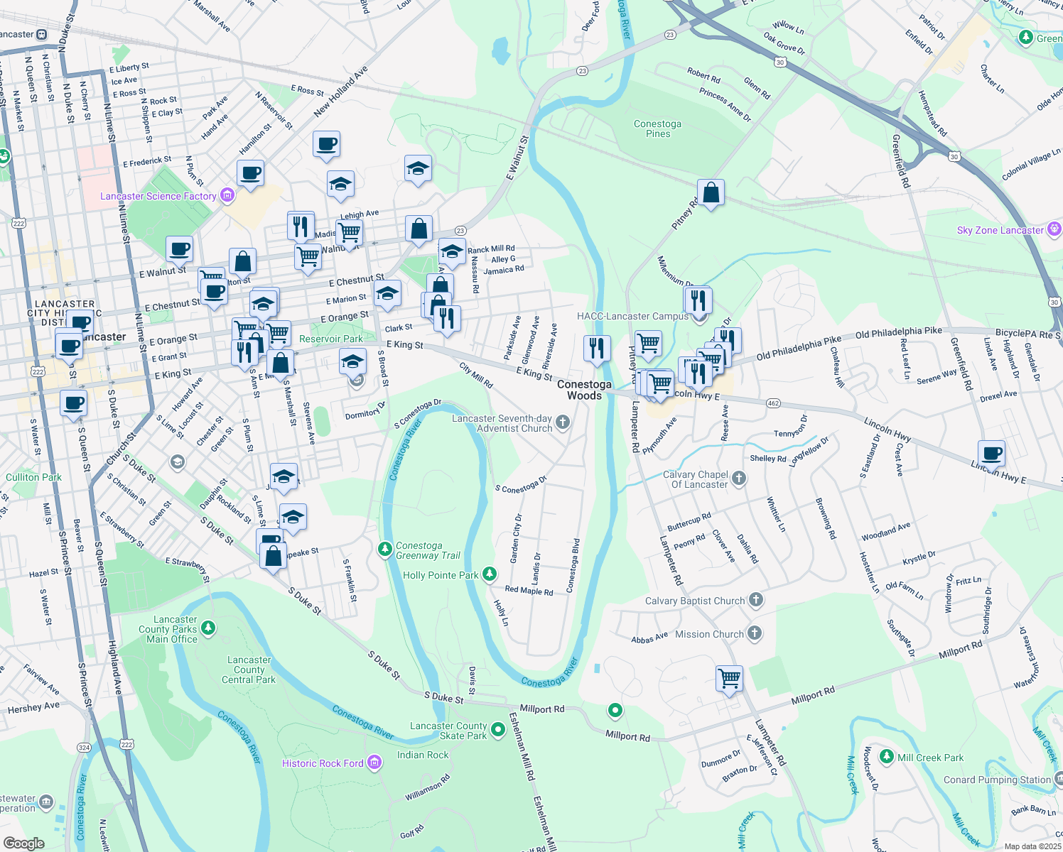 map of restaurants, bars, coffee shops, grocery stores, and more near 134 City Mill Rd in Lancaster