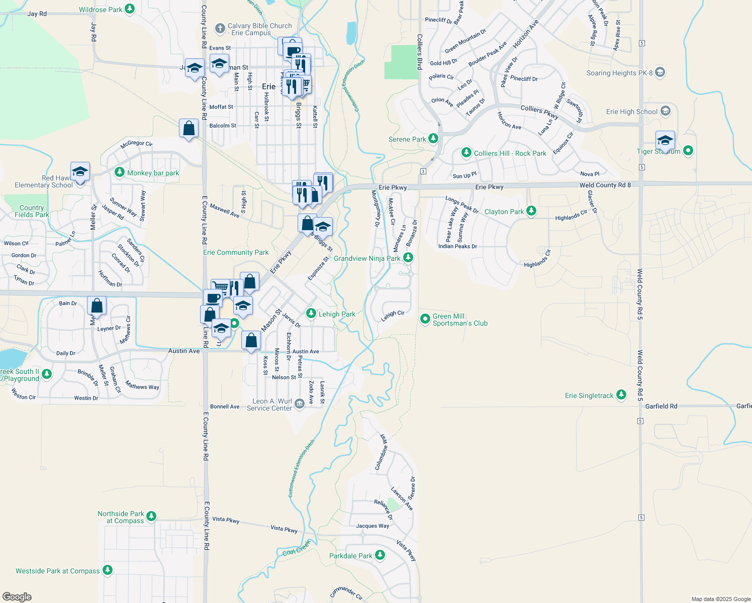 map of restaurants, bars, coffee shops, grocery stores, and more near 565 Lehigh Circle in Erie