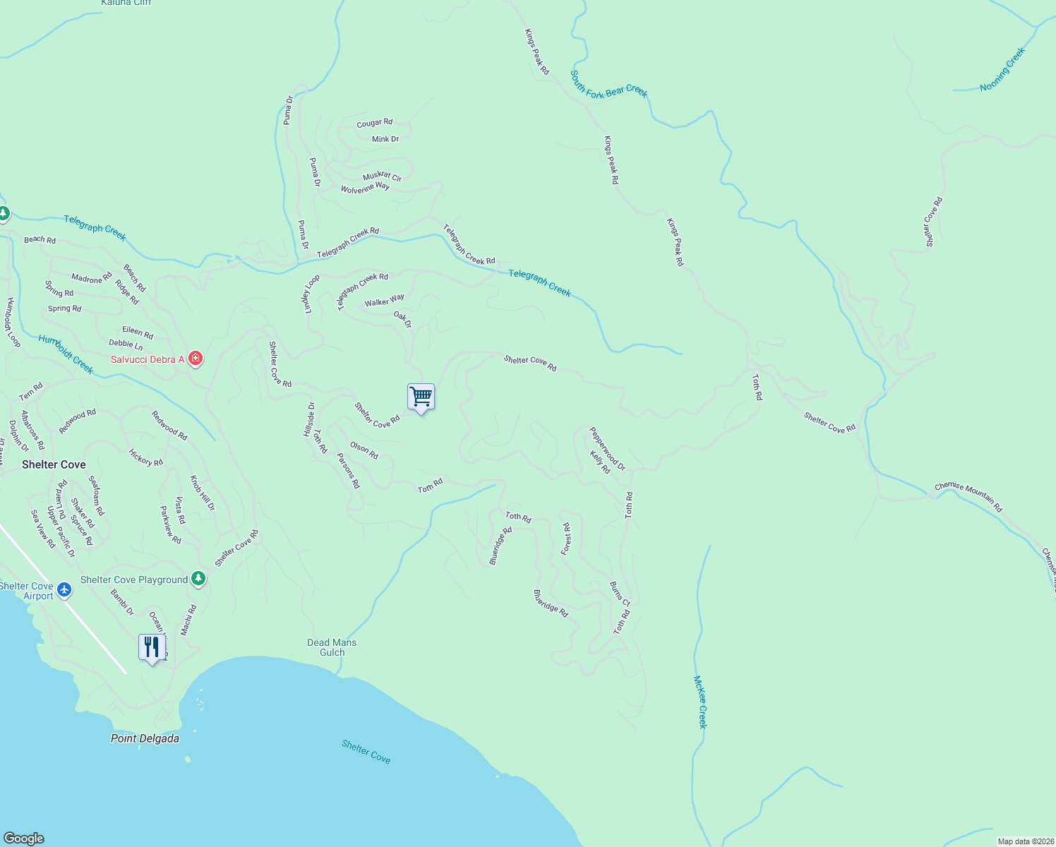 map of restaurants, bars, coffee shops, grocery stores, and more near 430 Cook Road in Whitethorn