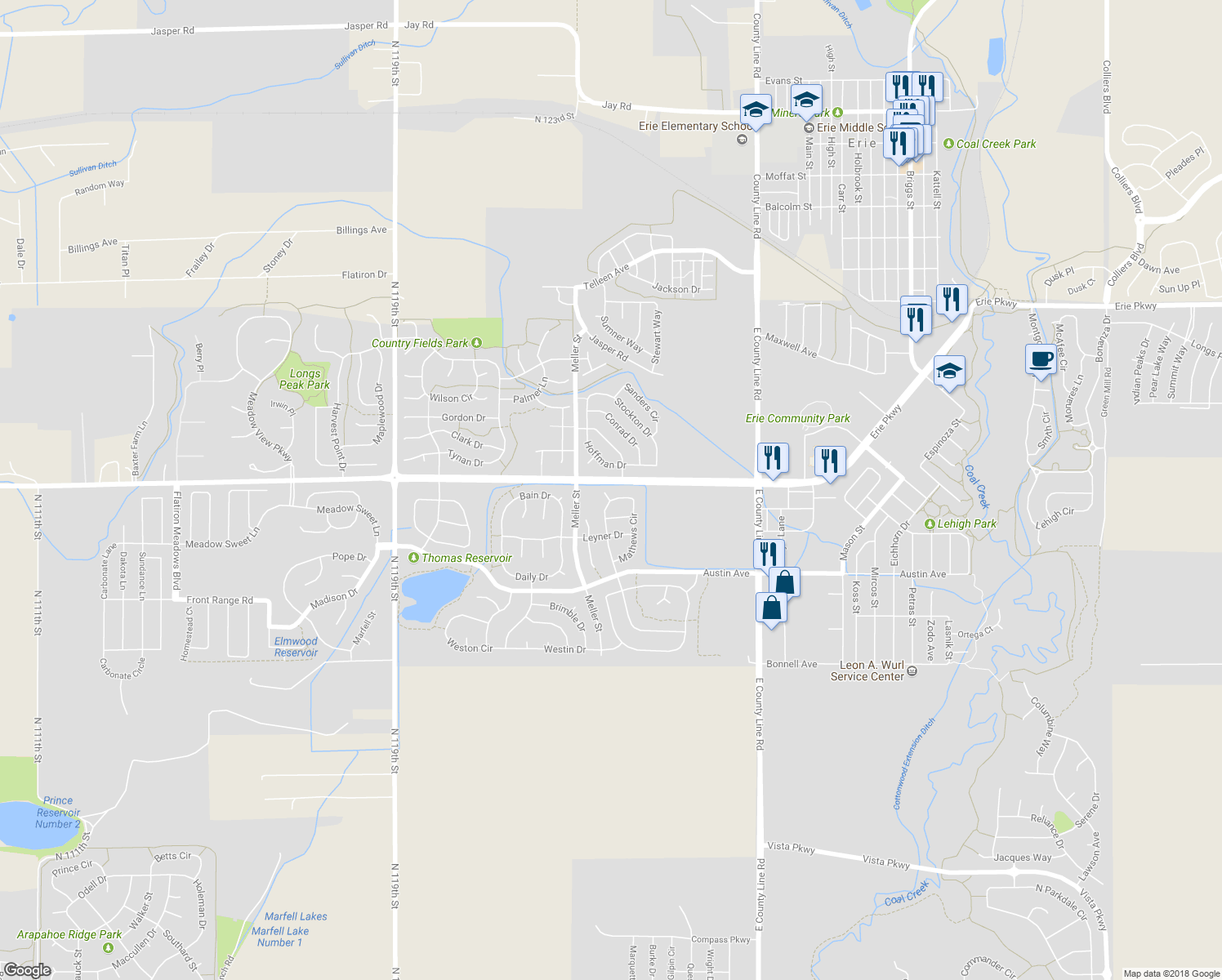 map of restaurants, bars, coffee shops, grocery stores, and more near 527 Munoz Court in Erie