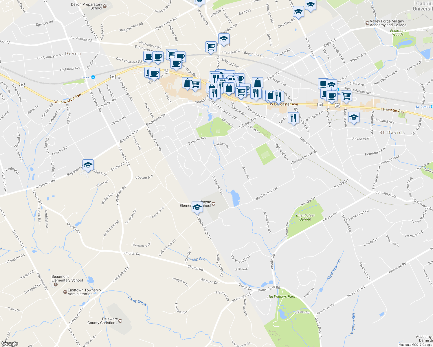 map of restaurants, bars, coffee shops, grocery stores, and more near 620 West Wayne Avenue in Wayne