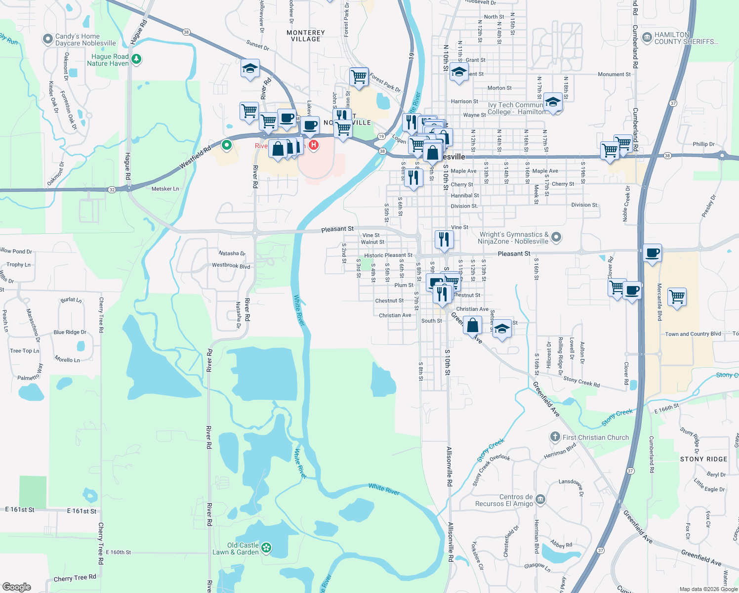map of restaurants, bars, coffee shops, grocery stores, and more near 378 Chestnut Street in Noblesville