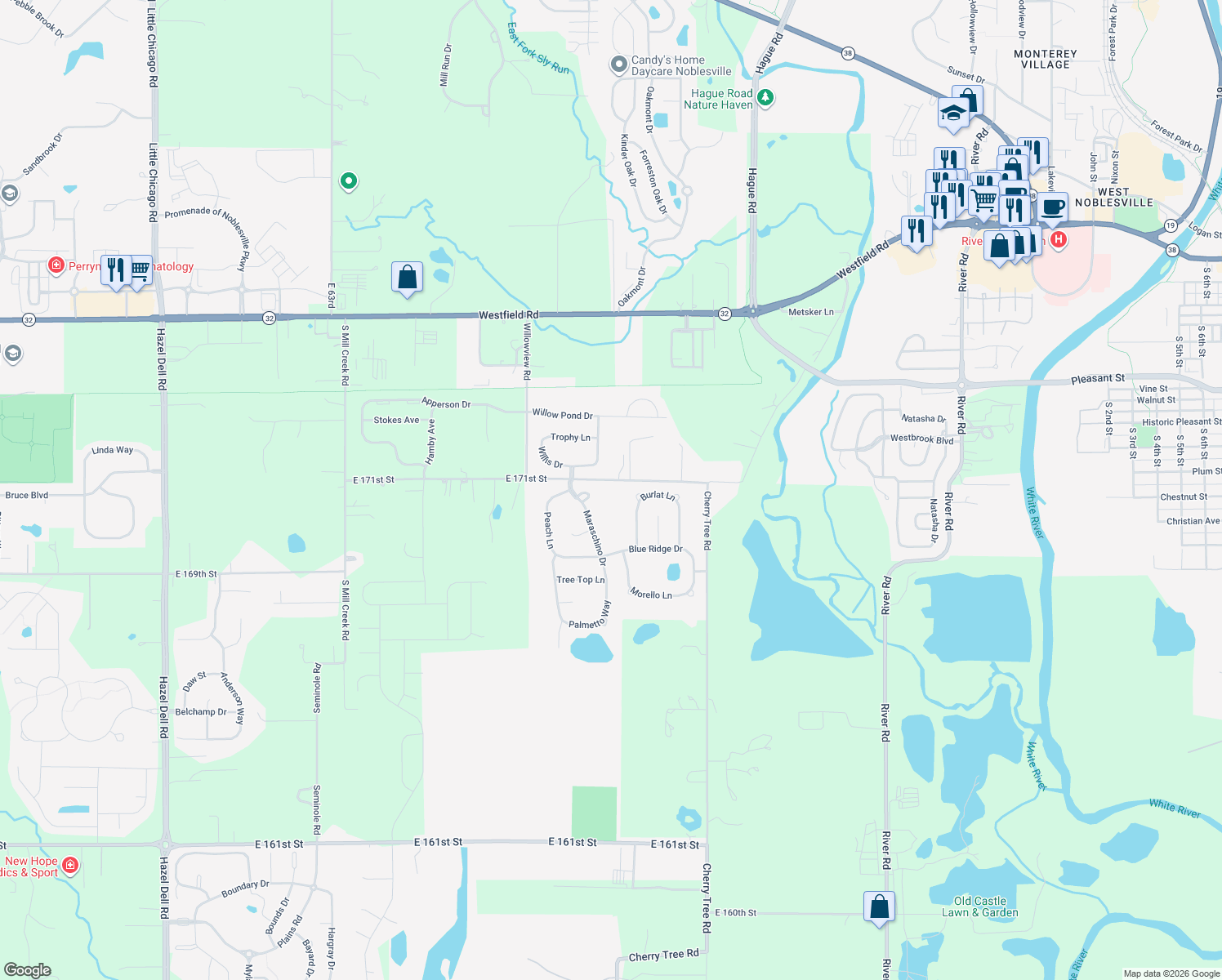 map of restaurants, bars, coffee shops, grocery stores, and more near 7177 East 171st Street in Noblesville