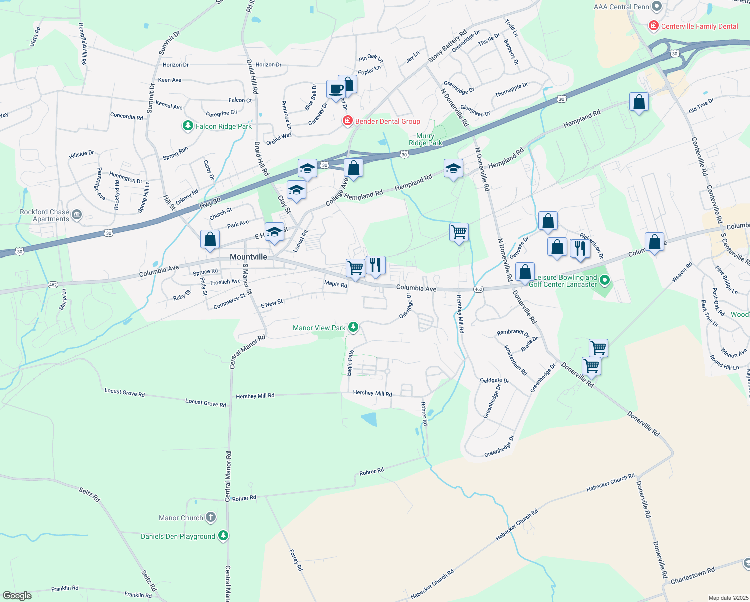 map of restaurants, bars, coffee shops, grocery stores, and more near 408 East New Street in Mountville
