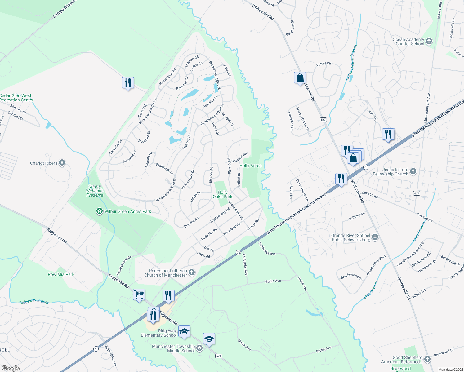 map of restaurants, bars, coffee shops, grocery stores, and more near 501 Green Acres Road in Manchester Township