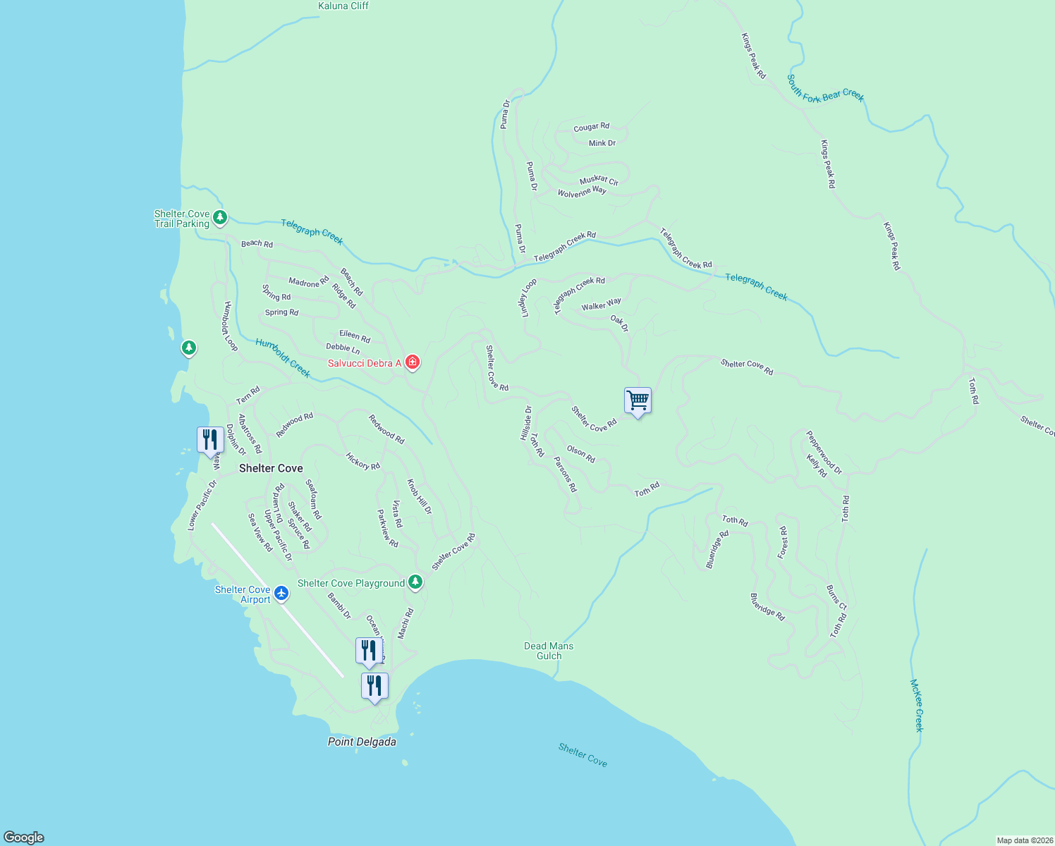 map of restaurants, bars, coffee shops, grocery stores, and more near 401-793 Hillside Dr in Whitethorn