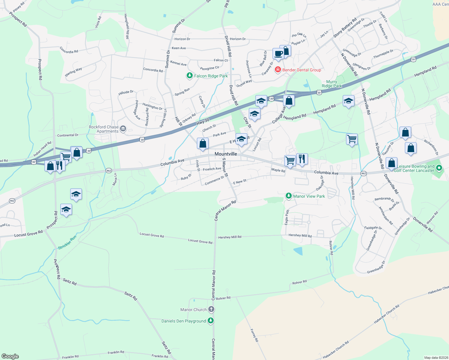 map of restaurants, bars, coffee shops, grocery stores, and more near 210 S Manor St in Mountville