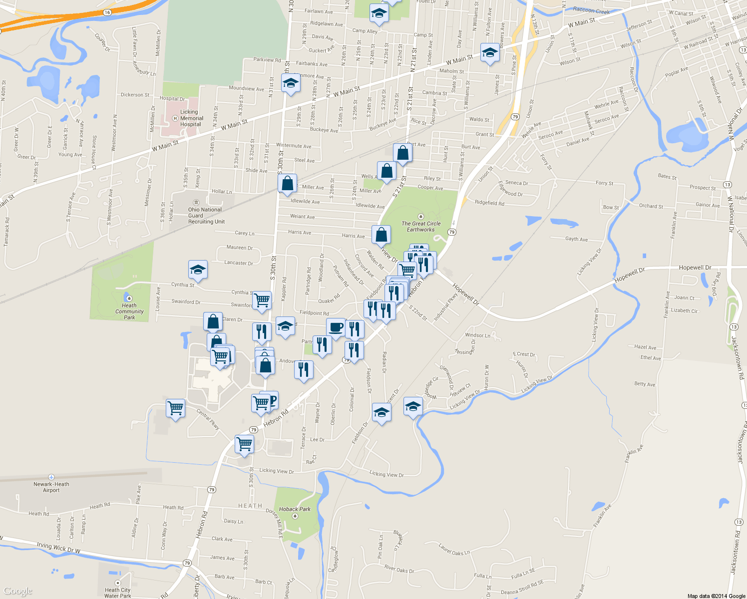 map of restaurants, bars, coffee shops, grocery stores, and more near 229 Fieldpoint Road in Heath
