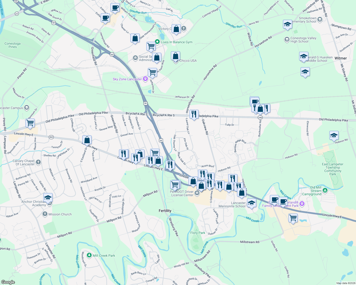 map of restaurants, bars, coffee shops, grocery stores, and more near 310 Oak Leaf Ln in Lancaster