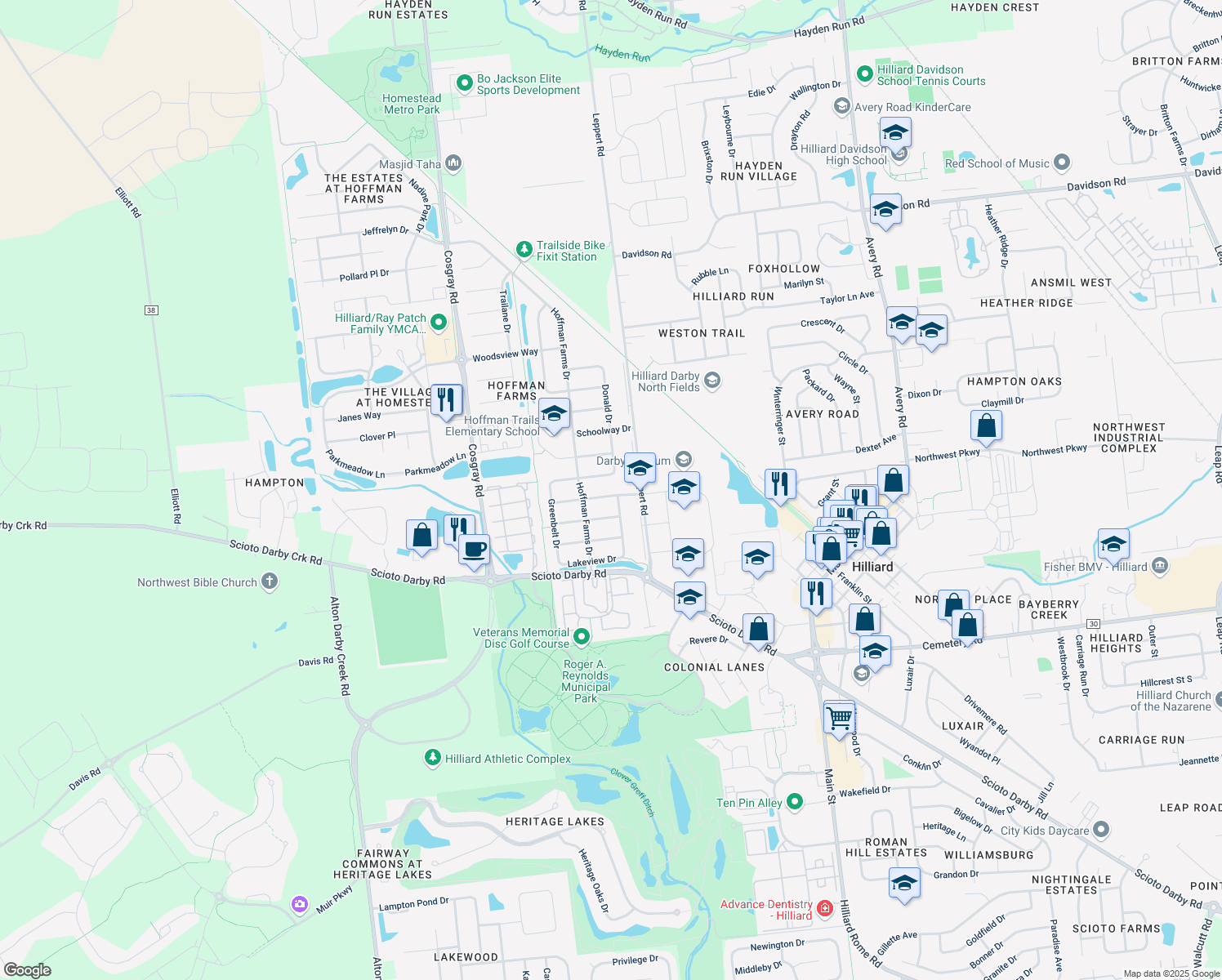 map of restaurants, bars, coffee shops, grocery stores, and more near 5762 Laura Ln in Hilliard