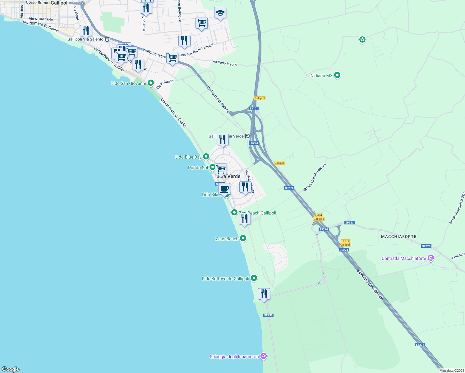 map of restaurants, bars, coffee shops, grocery stores, and more near 8 Viale degli Oleandri in Baia Verde