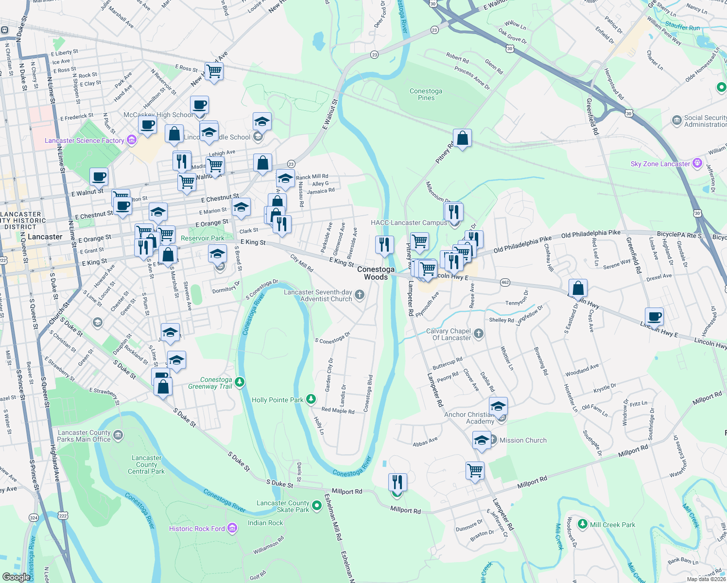 map of restaurants, bars, coffee shops, grocery stores, and more near 38 Conestoga Drive in Lancaster