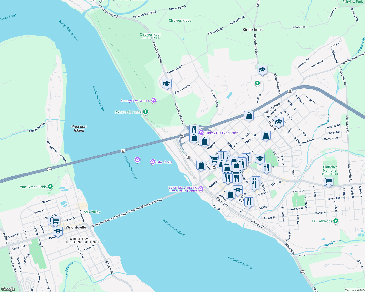 map of restaurants, bars, coffee shops, grocery stores, and more near 100 Cedar Street in Columbia