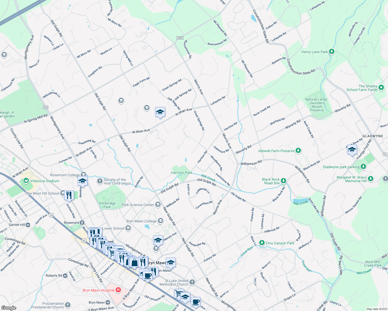 map of restaurants, bars, coffee shops, grocery stores, and more near 609 Great Springs Road in Bryn Mawr