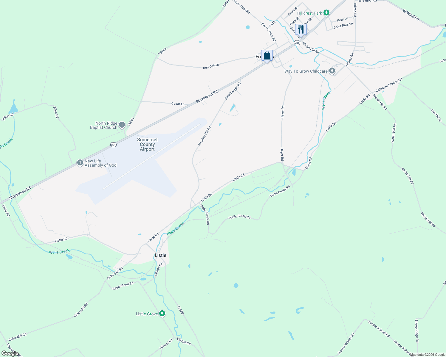 map of restaurants, bars, coffee shops, grocery stores, and more near 928 Listie Road in Friedens