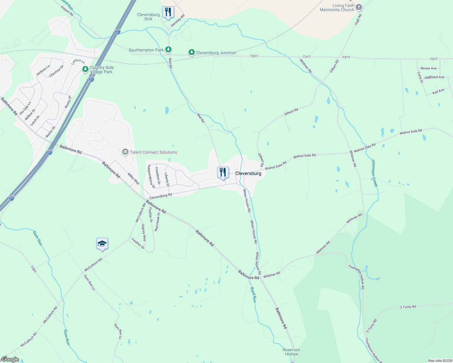 map of restaurants, bars, coffee shops, grocery stores, and more near 65 Cleversburg Road in Shippensburg