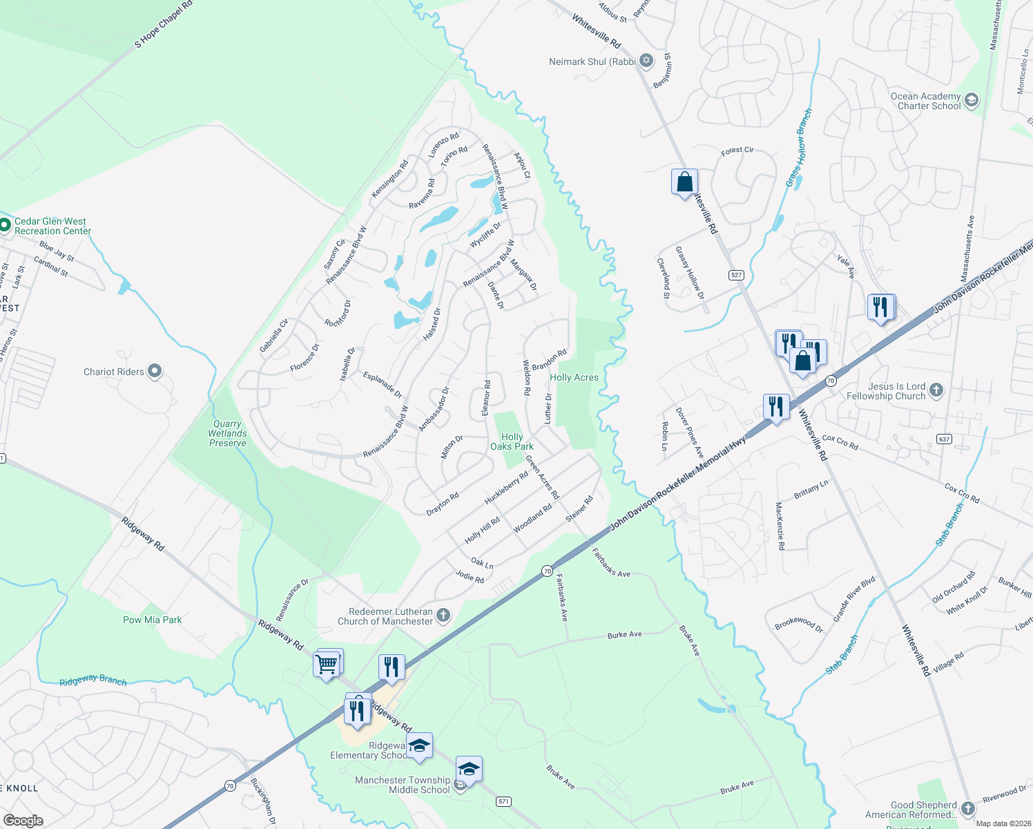 map of restaurants, bars, coffee shops, grocery stores, and more near 10 Comiche Court in Manchester Township
