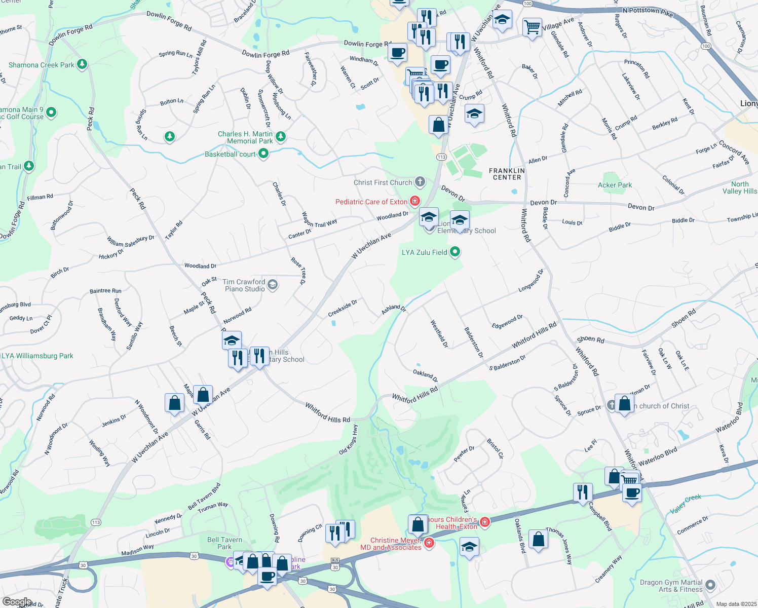 map of restaurants, bars, coffee shops, grocery stores, and more near 20 Karrens Way in Downingtown